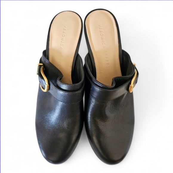 Veronica Beard Black Leather Wood-Block Clogs with Gold Buckle 8.5 - Picture 5 of 7